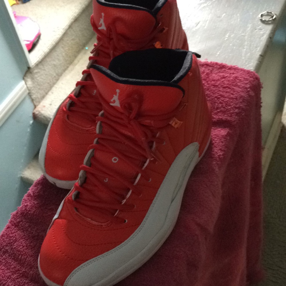 Red and white custom made Jordan 12s